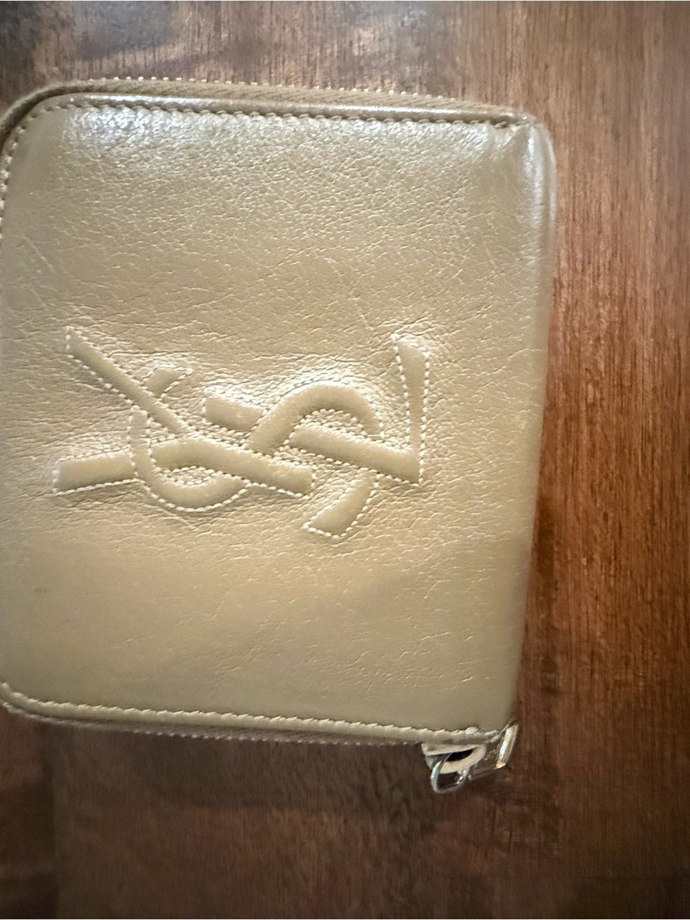Yves Saint Laurent Embossed Logo Zip small Wallet in Light Beige